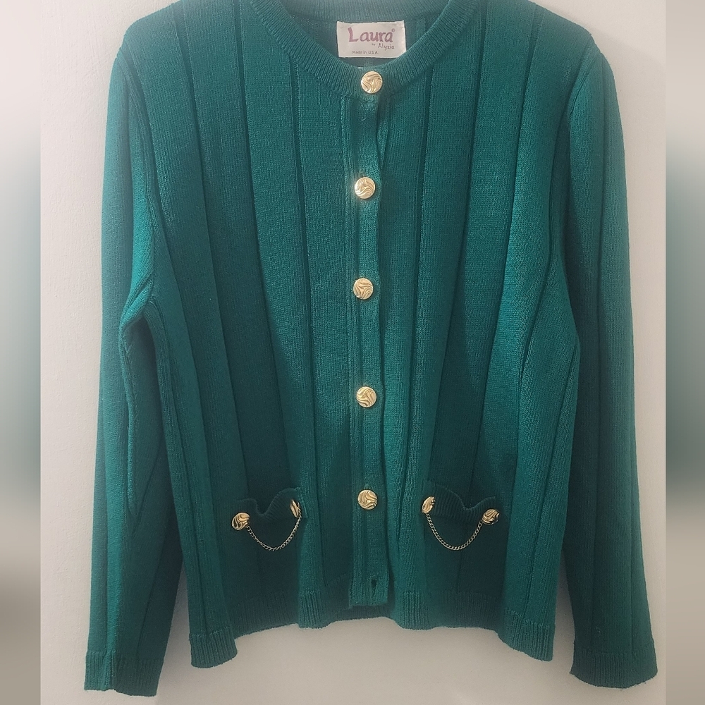 Laura By Alizia Green Button-Up Women's‎ Sweater, Size 14.